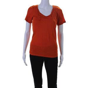 Lava Womens Short Sleeve Sheer Lined Pleated Round Neck Top Orange Size S